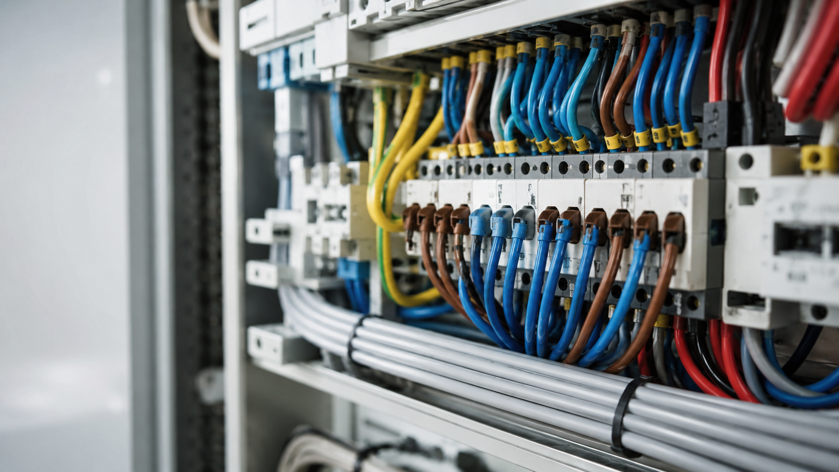 Elektrikář měřící napětí multimetrem v otevřeném elektrickém rozvaděči